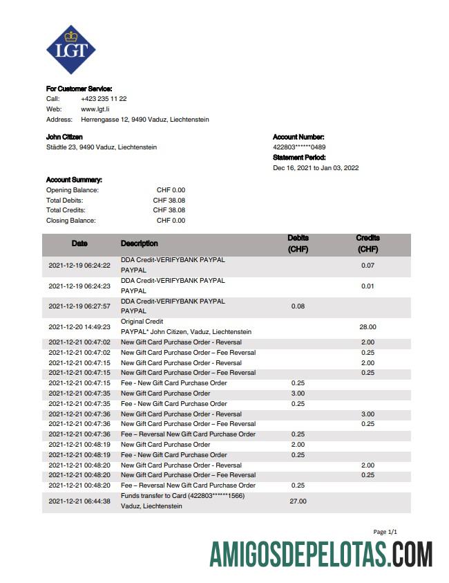 Liechtenstein LGT extrato bancário amostra